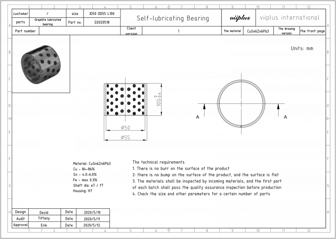 Чертеж CAD подшипника графита CuSn6Zn6Pb3 самосмазочного